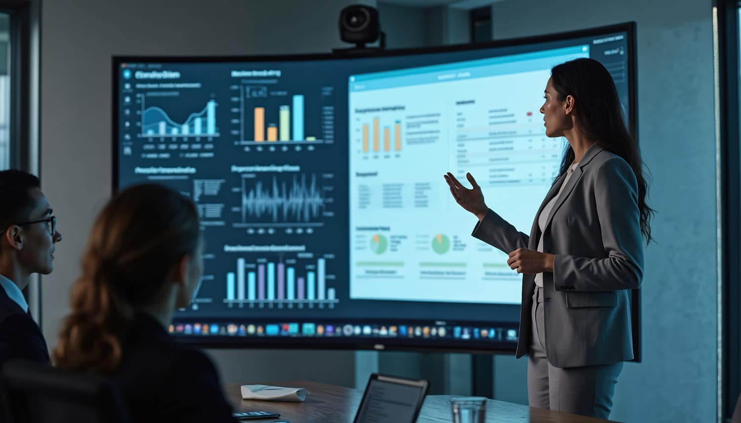 Business meeting. Woman presents data analytics to colleagues on big screen in office. Multiethnic team works at company strategy with graphs. Analytics informaton shown, on display. Presentation of